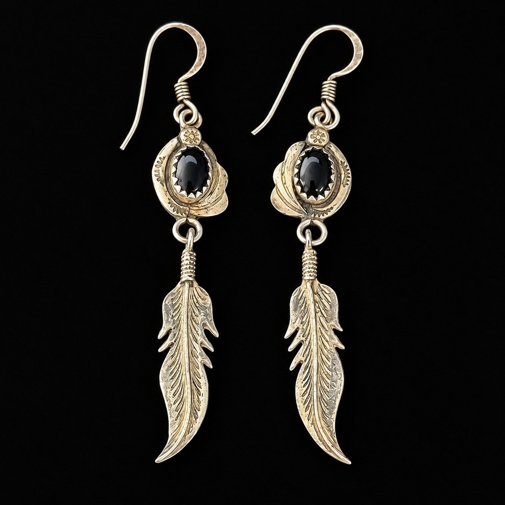 Vintage Sterling Silver Black Onyx Feather Dangle Earrings Southwestern Navajo